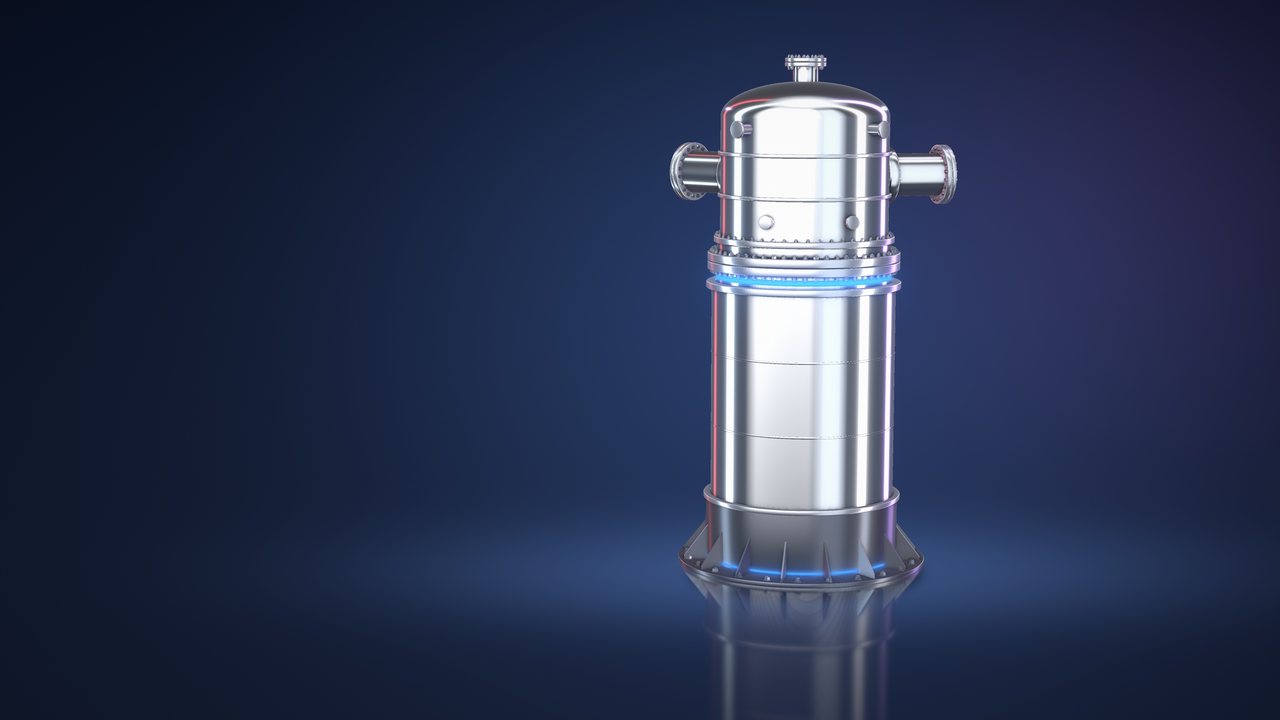 The Aegis-1 unit in a dark studio: a polished steel vessel with two side connections and a blue light ring above its base.