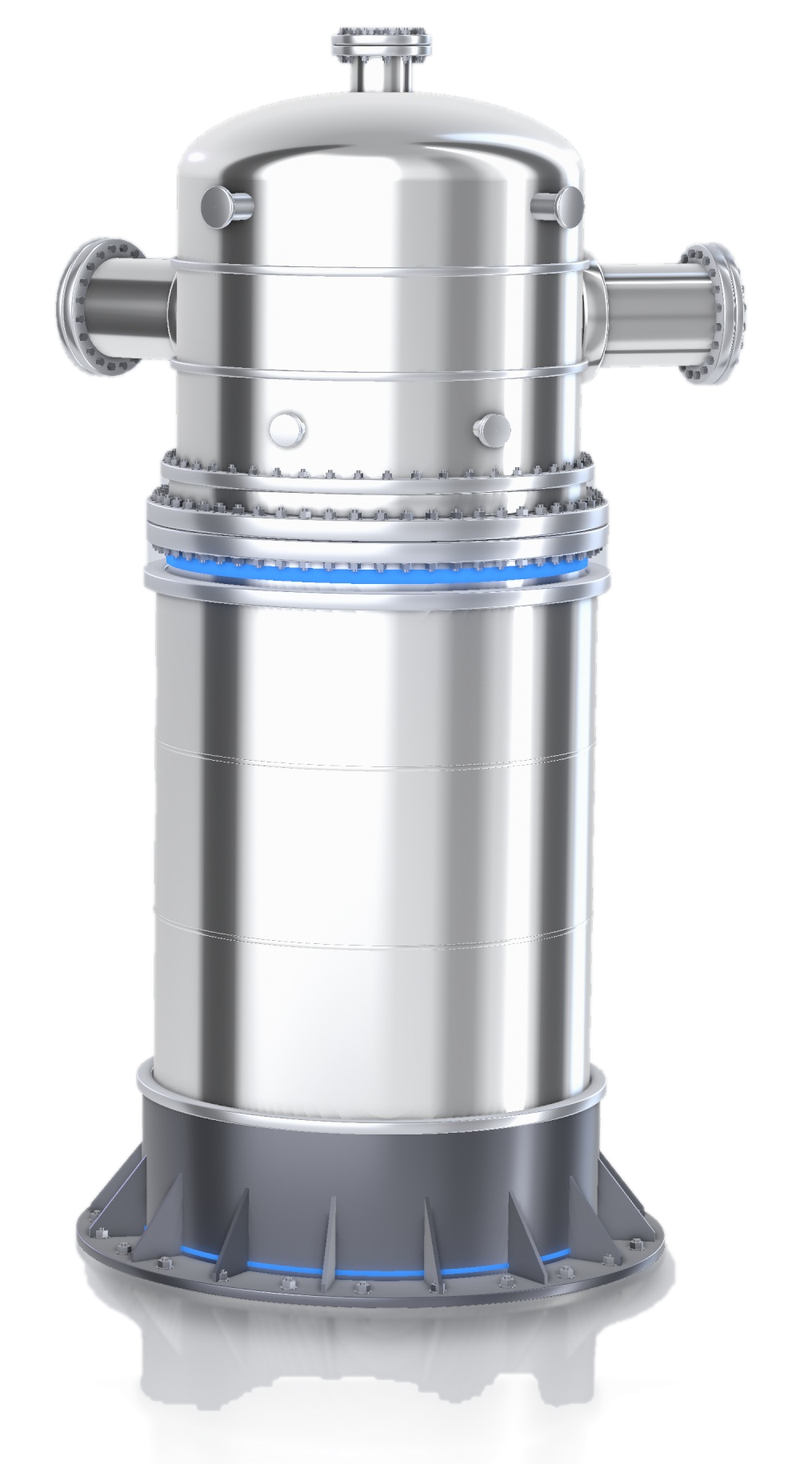 The Aegis-1 unit: a polished steel vessel with two side connections and a blue light ring above its base.